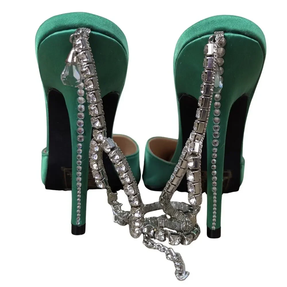 Azalea Wang Ashley Stiletto Heels 6 Green Rhinestone Ankle Strap Pointed Toe